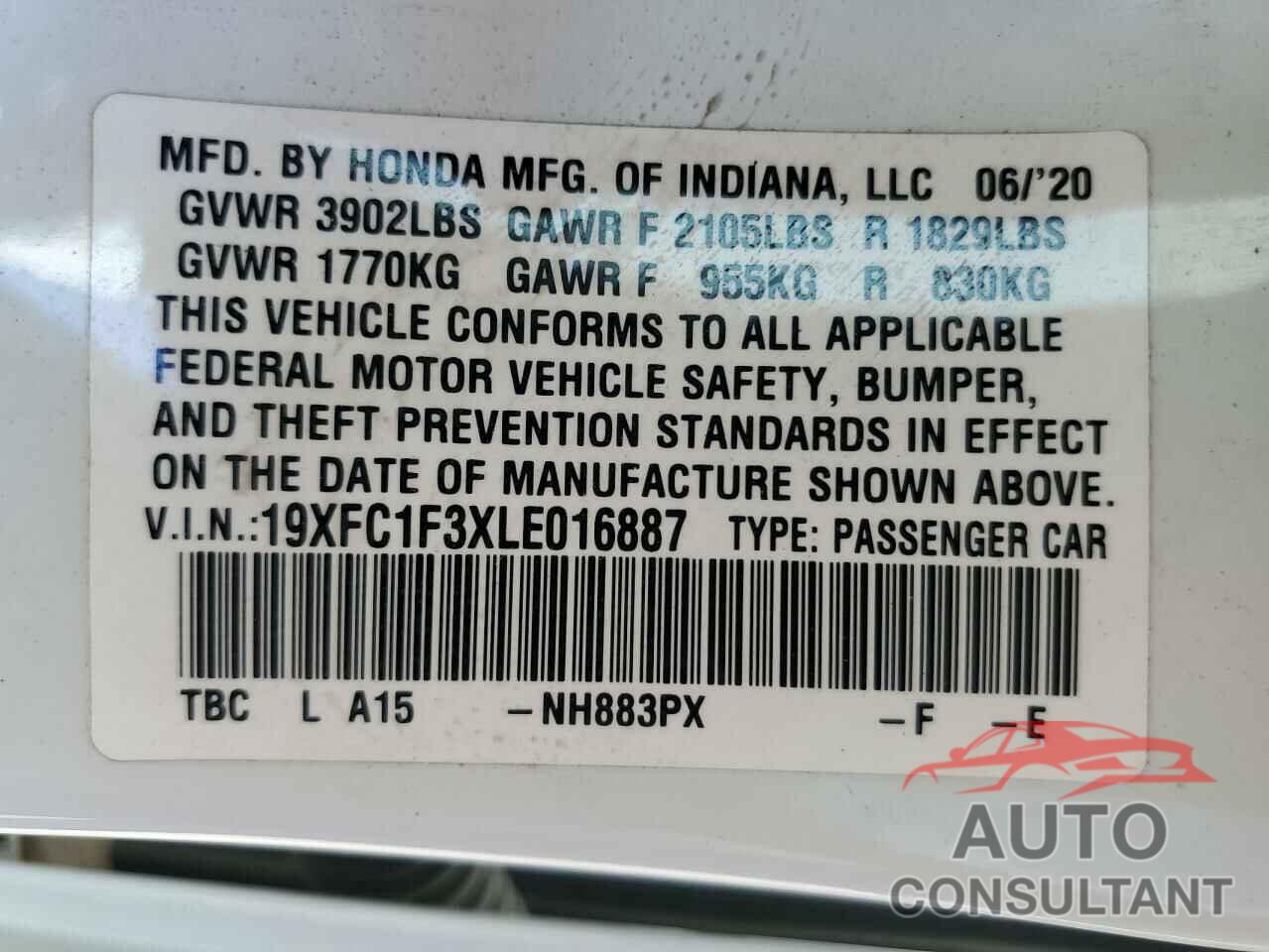 HONDA CIVIC 2020 - 19XFC1F3XLE016887