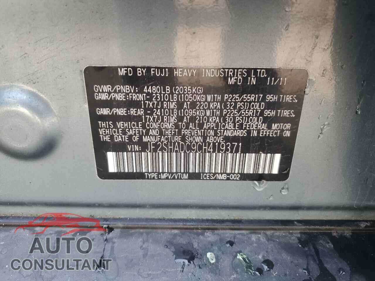 SUBARU FORESTER 2012 - JF2SHADC9CH419371