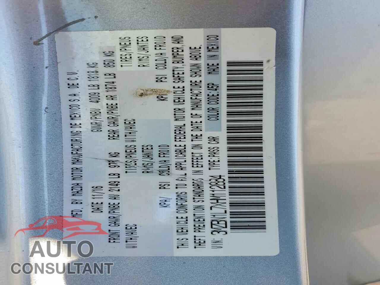 MAZDA 3 2017 - 3MZBN1L7XHM112884
