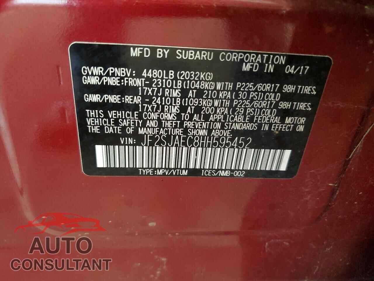 SUBARU FORESTER 2017 - JF2SJAEC8HH595452