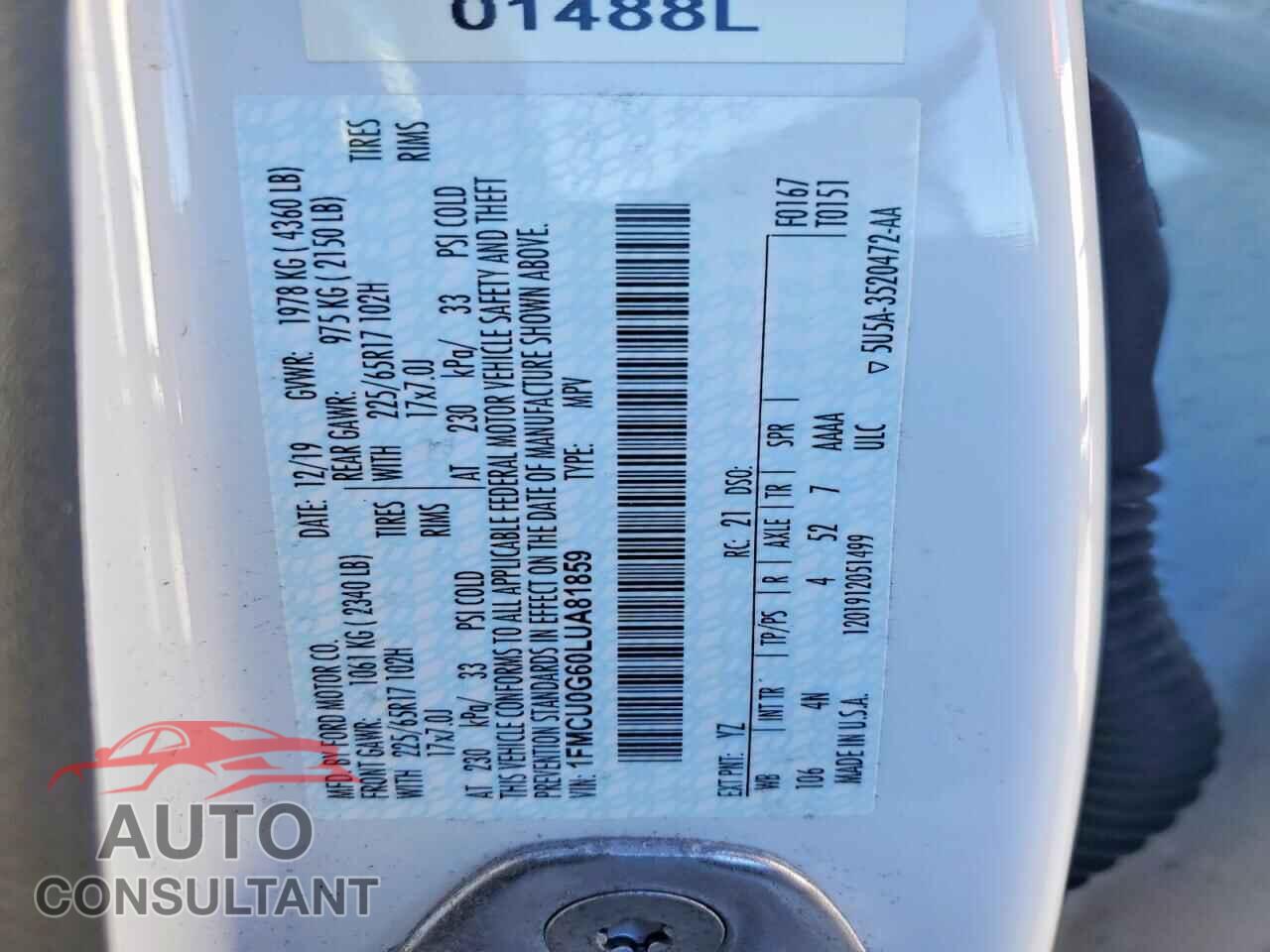 FORD ESCAPE 2020 - 1FMCU0G60LUA81859