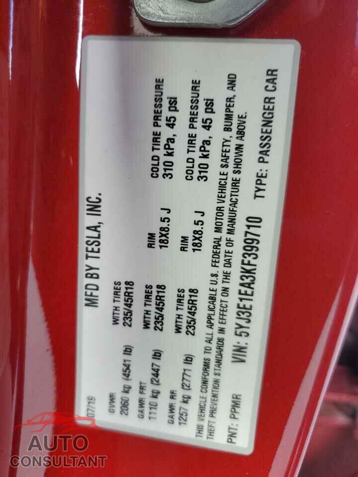 TESLA MODEL 3 2019 - 5YJ3E1EA3KF399710