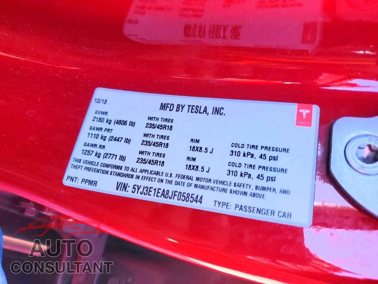 TESLA MODEL 3 2018 - 5YJ3E1EA8JF058544