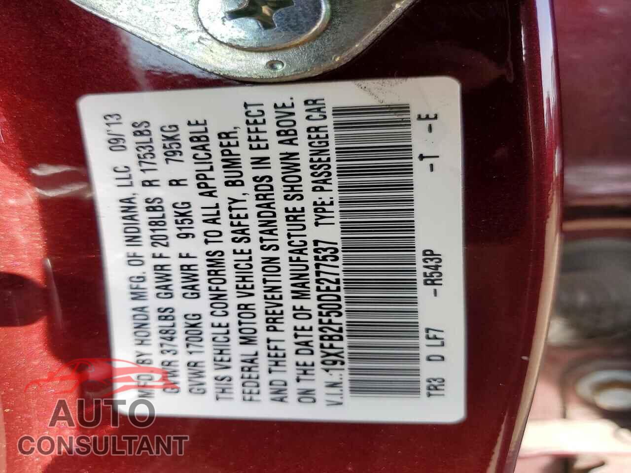 HONDA CIVIC 2013 - 19XFB2F50DE277537
