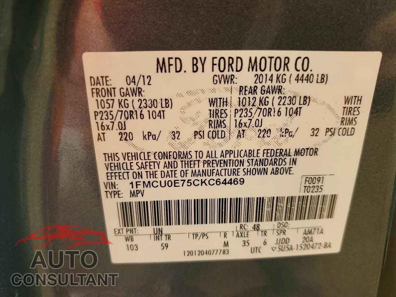 FORD ESCAPE 2012 - 1FMCU0E75CKC64469