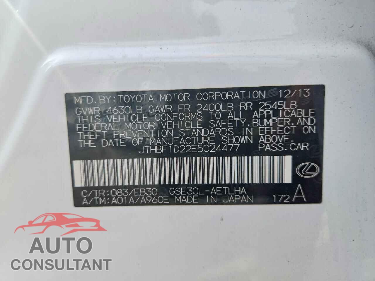LEXUS IS 2014 - JTHBF1D22E5024477