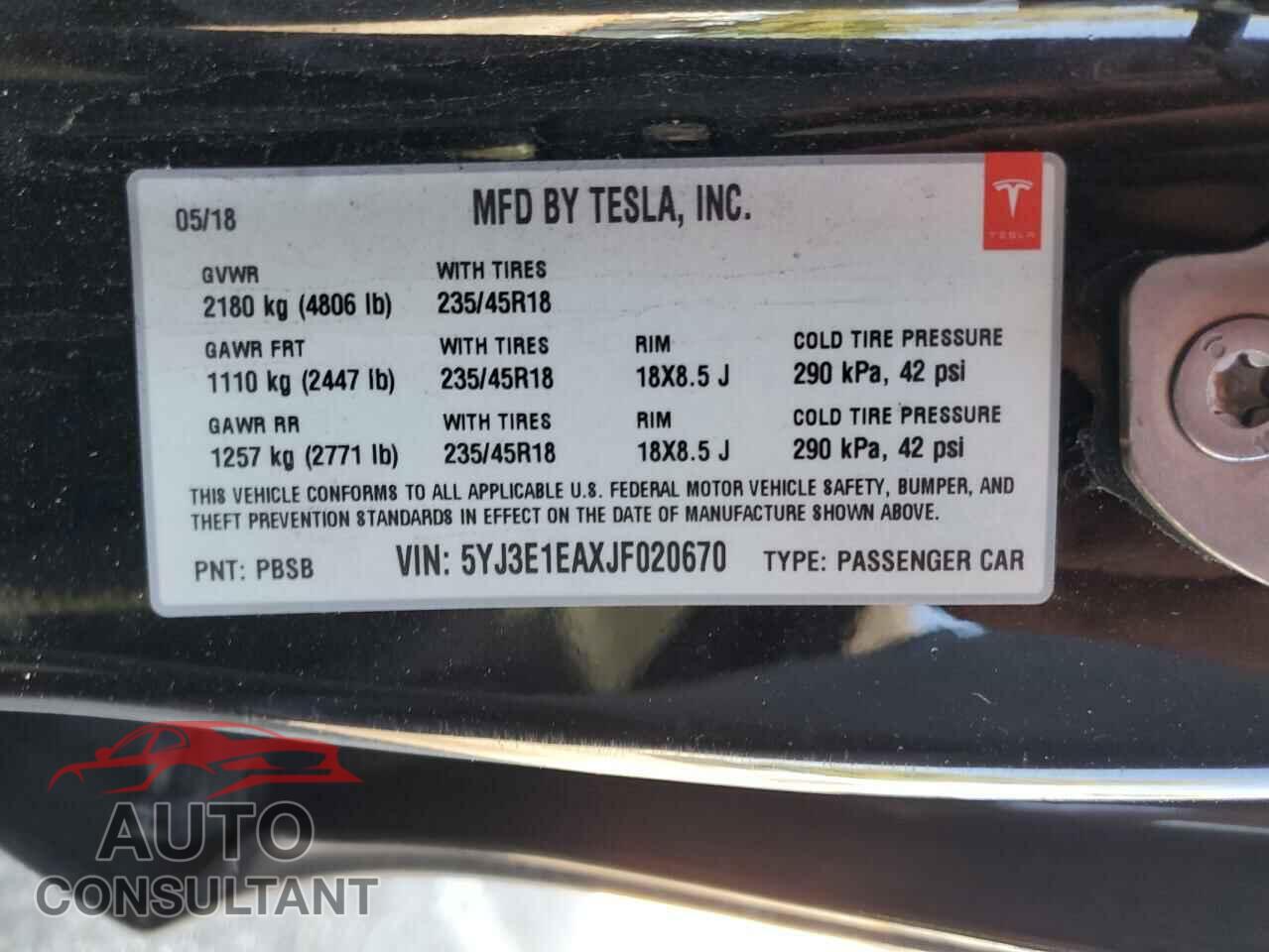 TESLA MODEL 3 2018 - 5YJ3E1EAXJF020670
