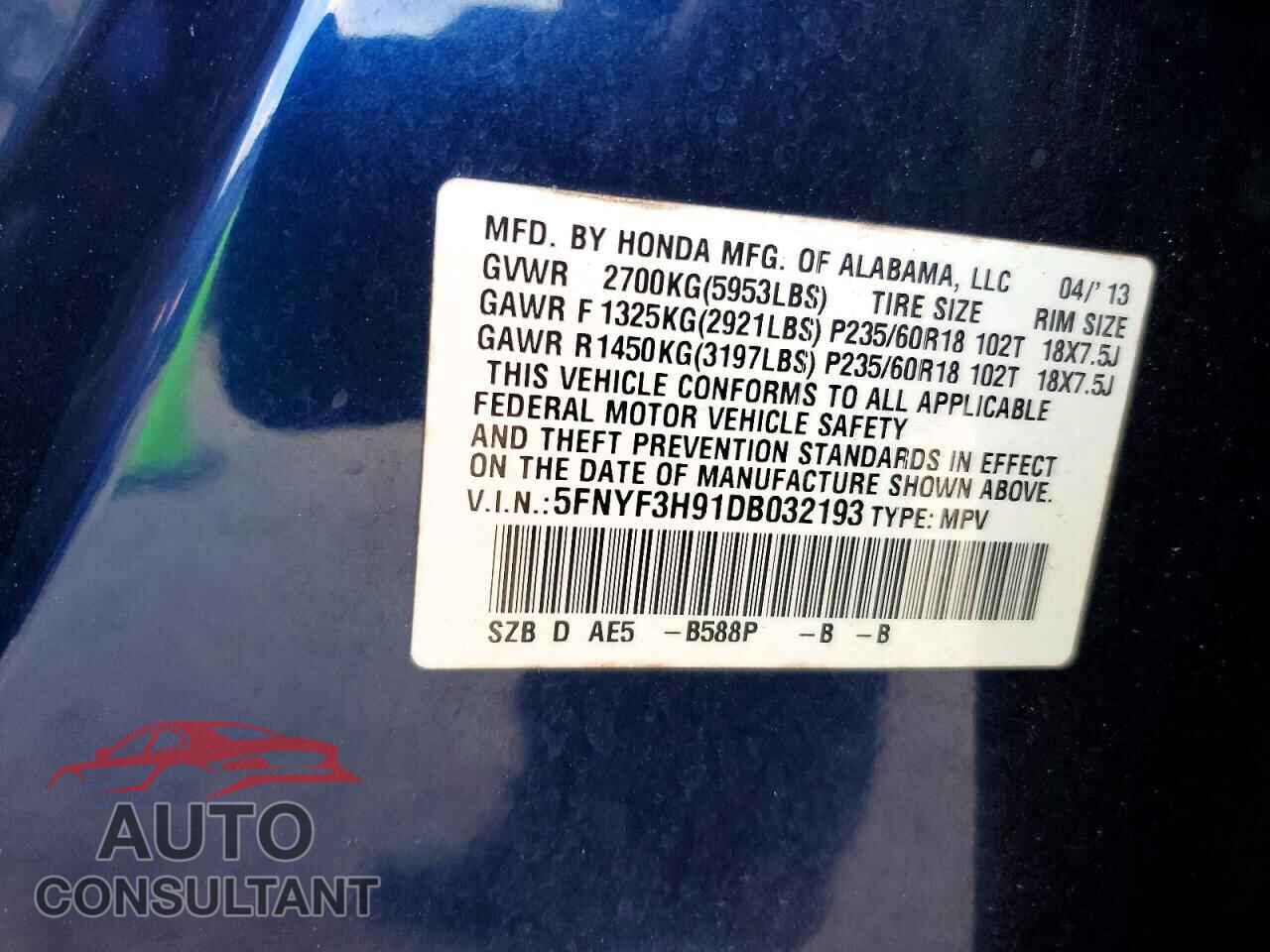 HONDA PILOT 2013 - 5FNYF3H91DB032193