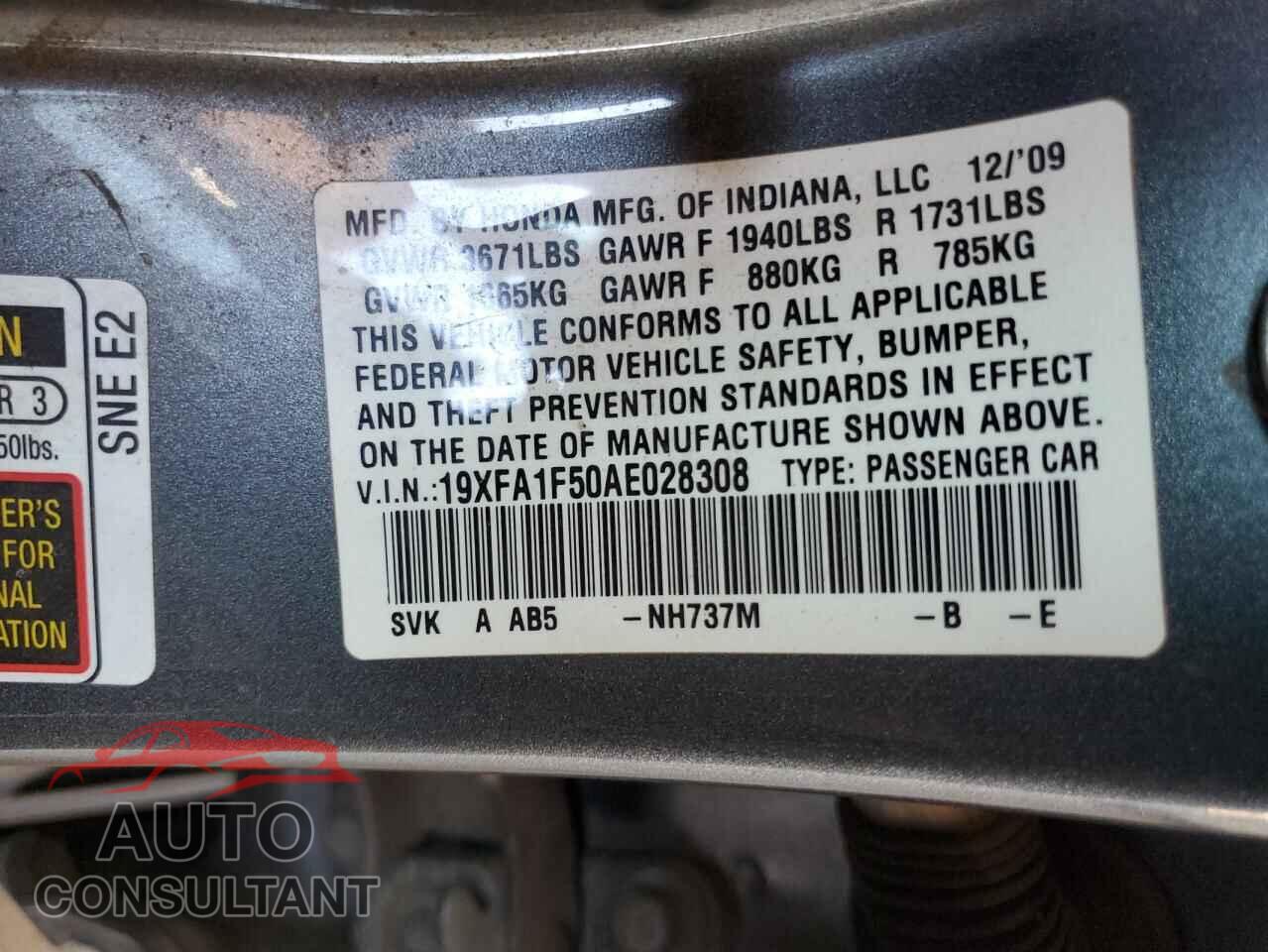 HONDA CIVIC 2010 - 19XFA1F50AE028308