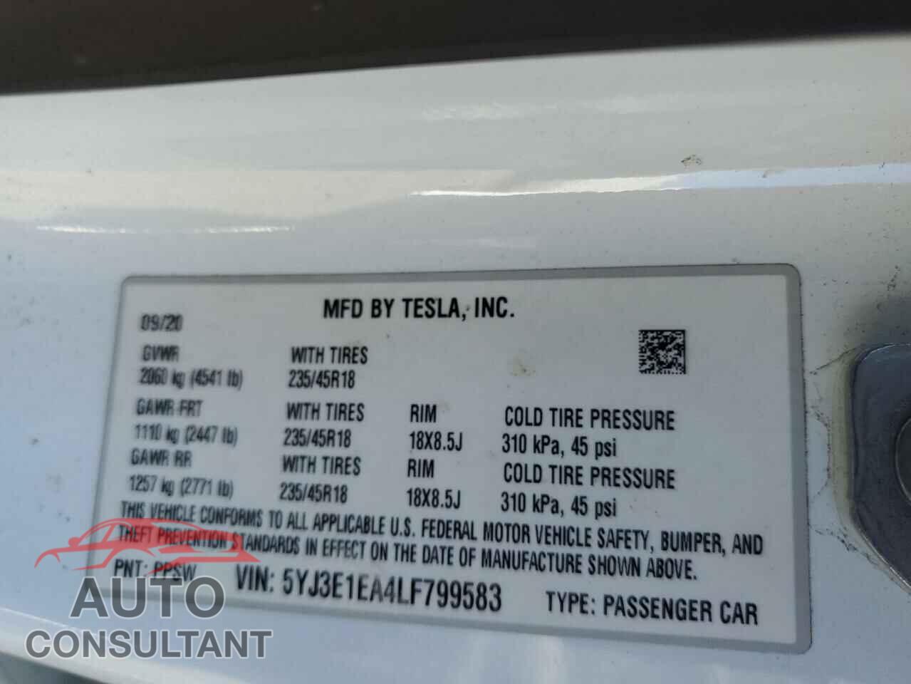 TESLA MODEL 3 2020 - 5YJ3E1EA4LF799583