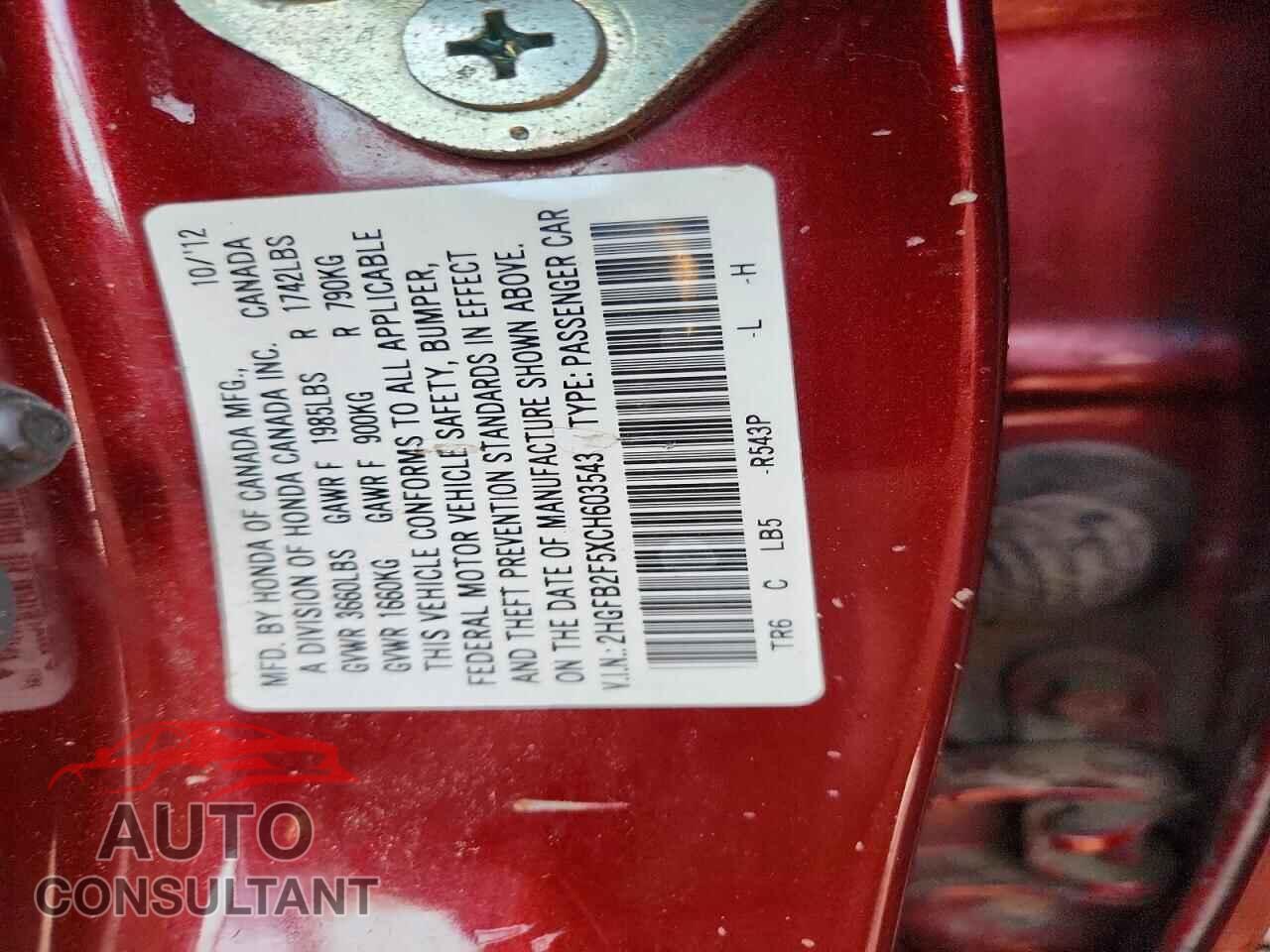 HONDA CIVIC 2012 - 2HGFB2F5XCH603543