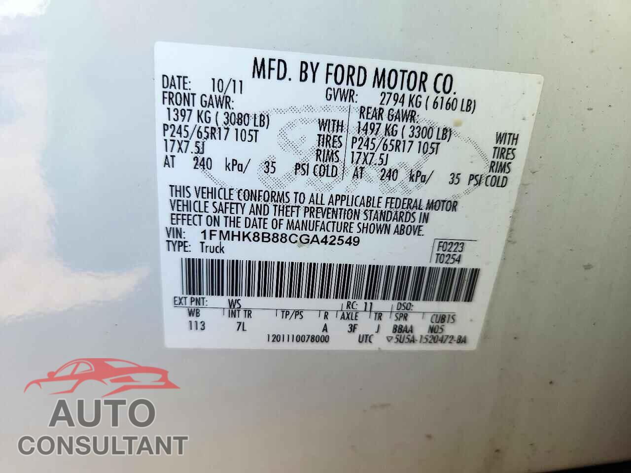 FORD EXPLORER 2012 - 1FMHK8B88CGA42549