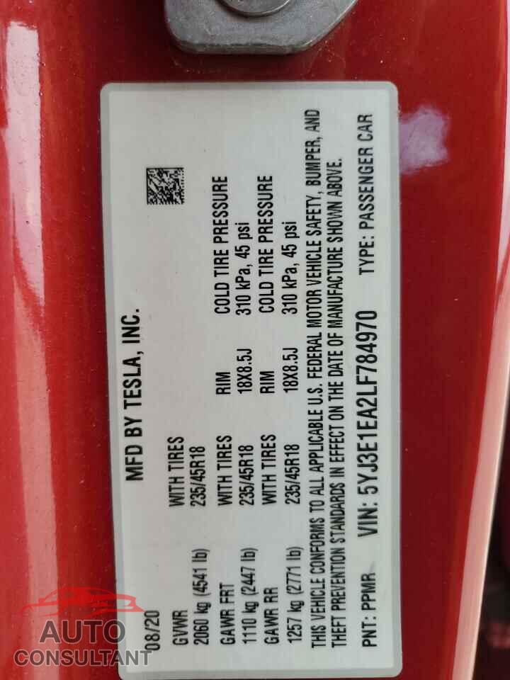 TESLA MODEL 3 2020 - 5YJ3E1EA2LF784970