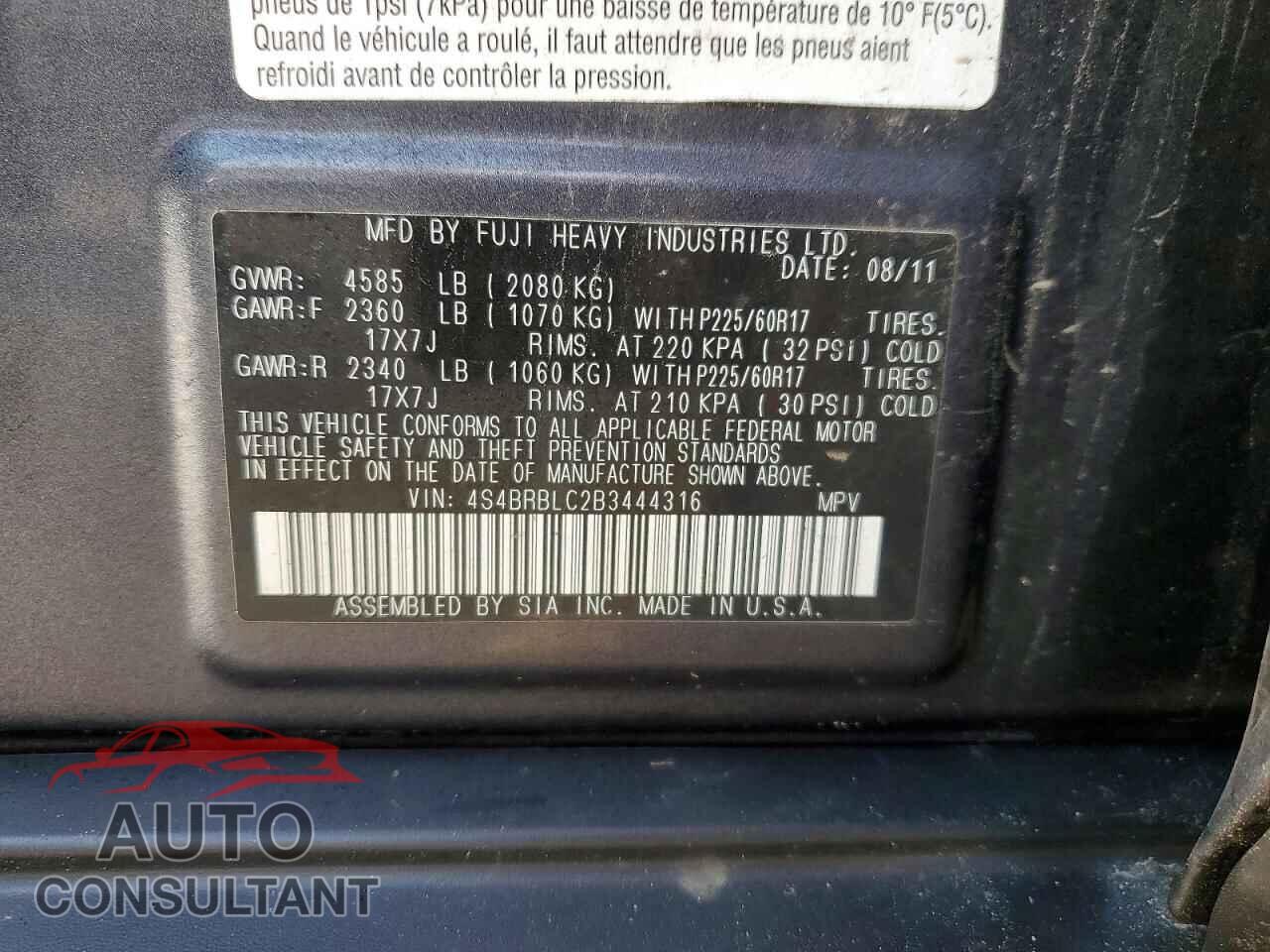 SUBARU OUTBACK 2011 - 4S4BRBLC2B3444316