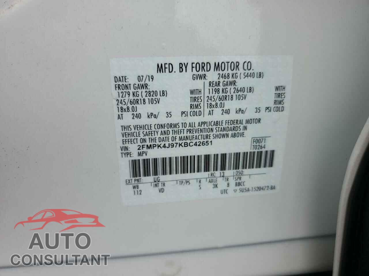 FORD EDGE 2019 - 2FMPK4J97KBC42651