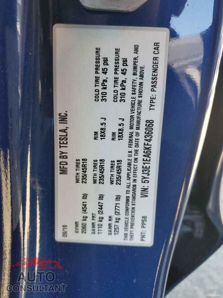 TESLA MODEL 3 2019 - 5YJ3E1EA6KF436068