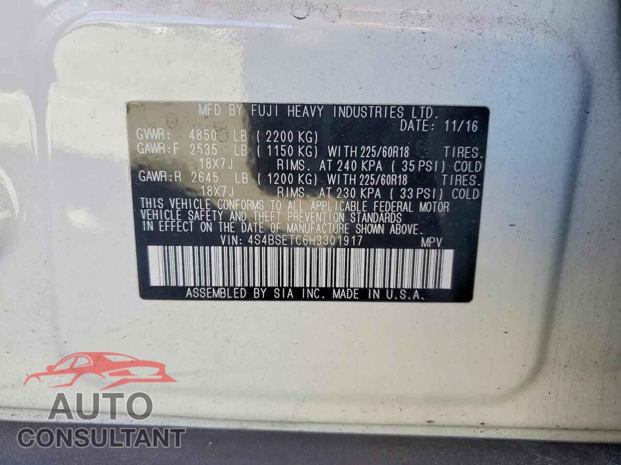 SUBARU OUTBACK 2017 - 4S4BSETC6H3301917