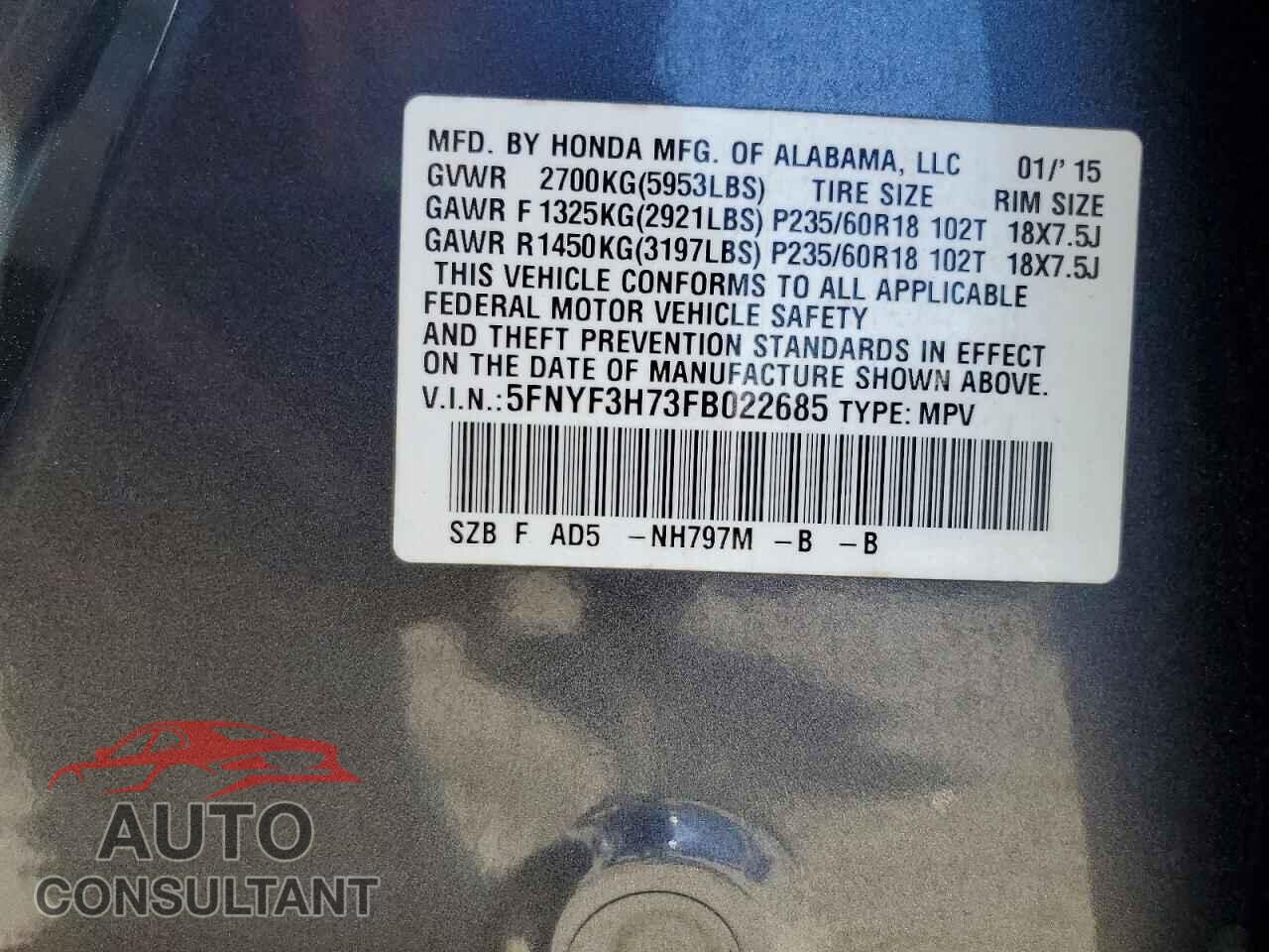 HONDA PILOT 2015 - 5FNYF3H73FB022685