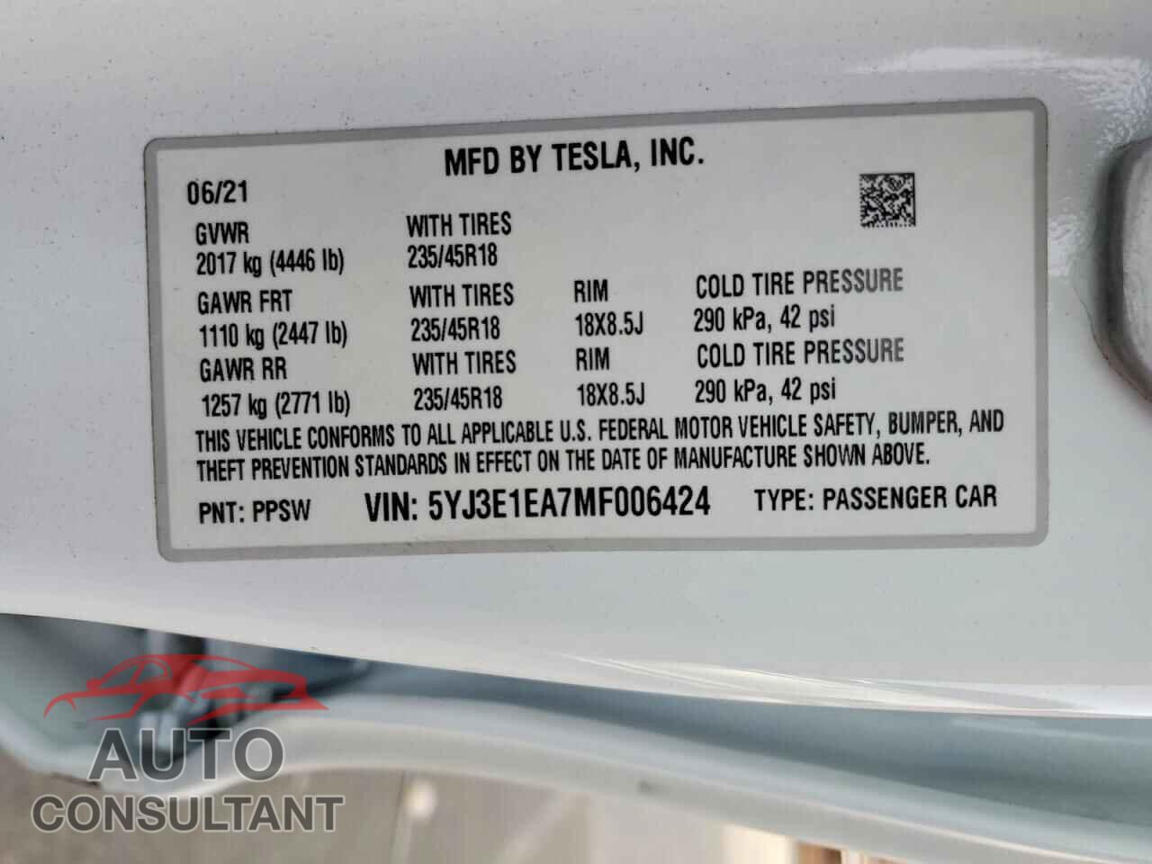 TESLA MODEL 3 2021 - 5YJ3E1EA7MF006424