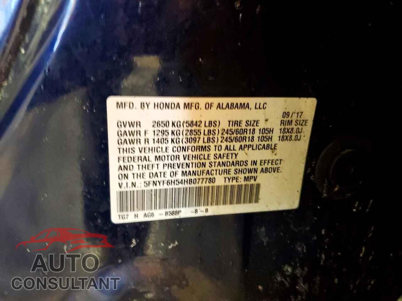 HONDA PILOT 2017 - 5FNYF6H54HB077780