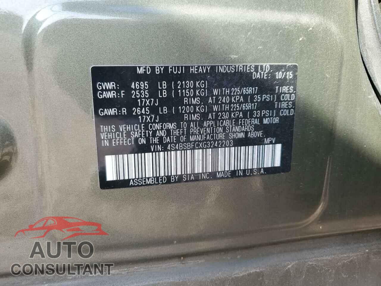 SUBARU OUTBACK 2016 - 4S4BSBFCXG3242203