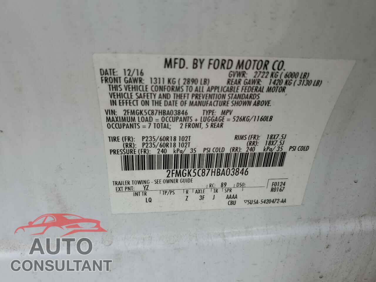 FORD FLEX 2017 - 2FMGK5C87HBA03846