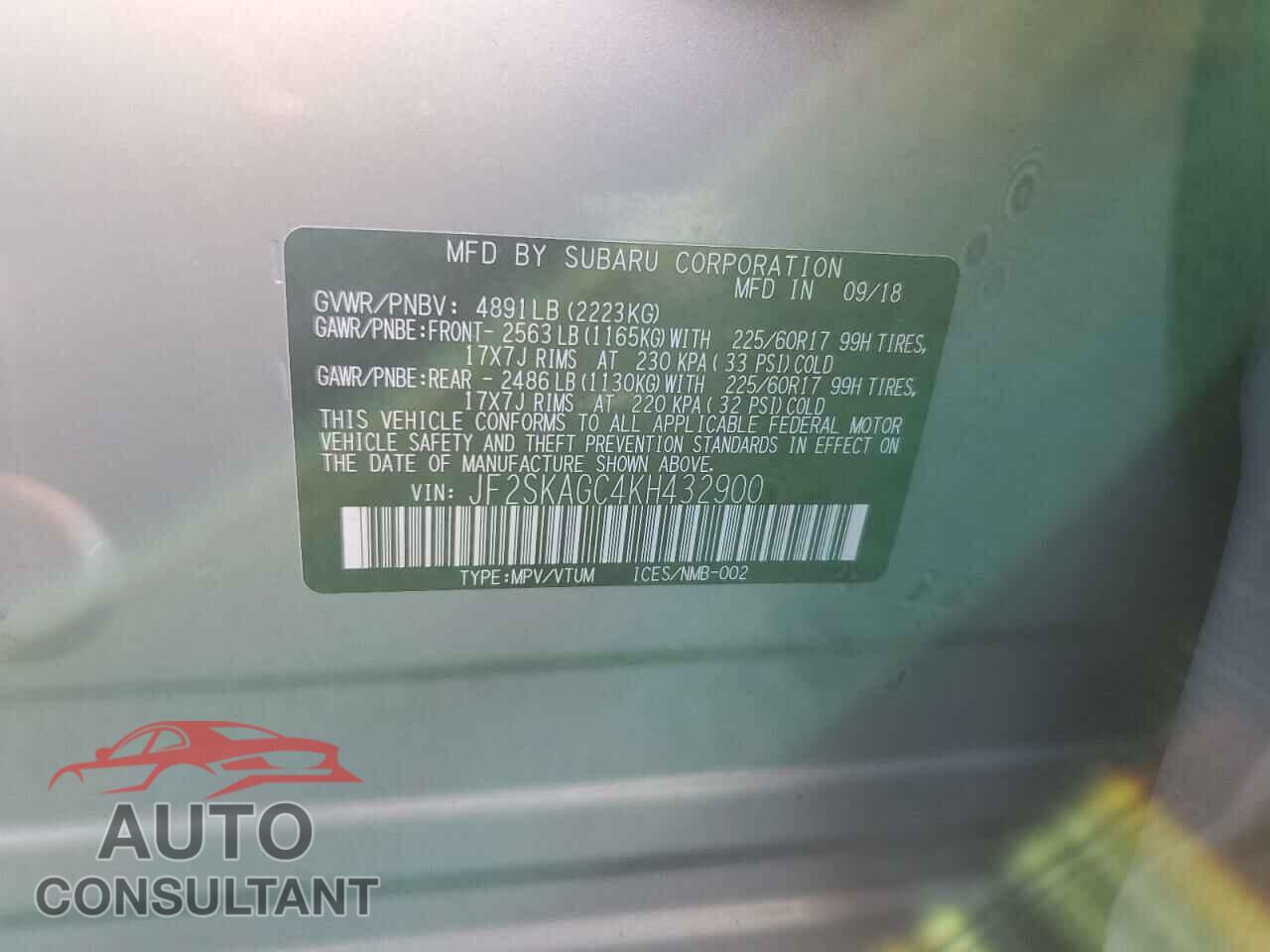 SUBARU FORESTER 2019 - JF2SKAGC4KH432900