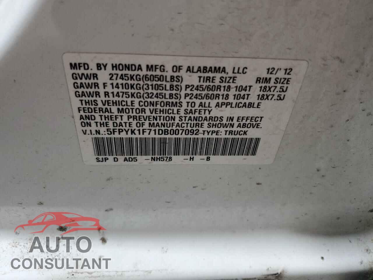 HONDA RIDGELINE 2013 - 5FPYK1F71DB007092