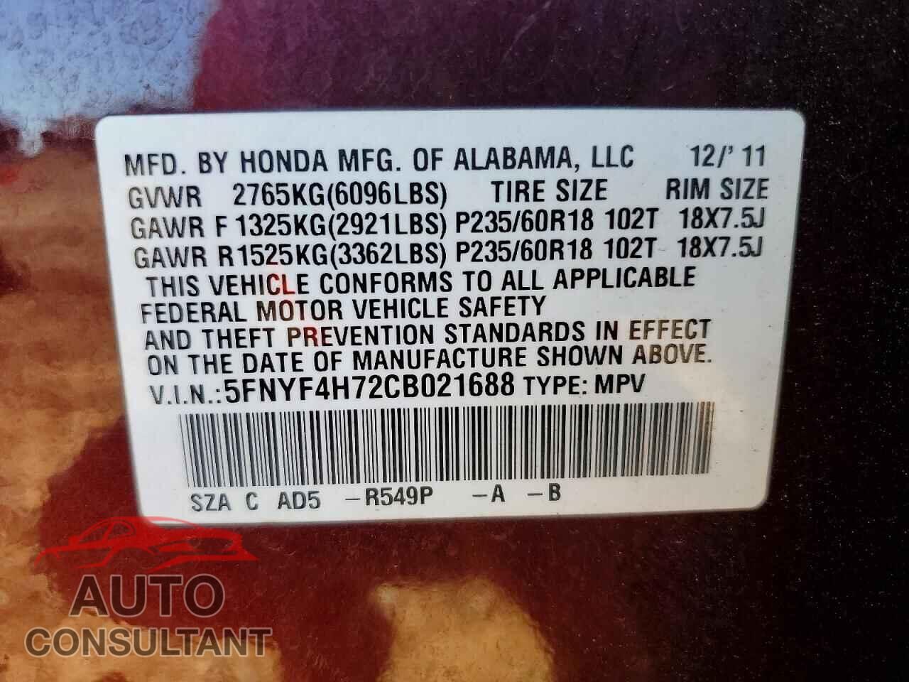 HONDA PILOT 2012 - 5FNYF4H72CB021688