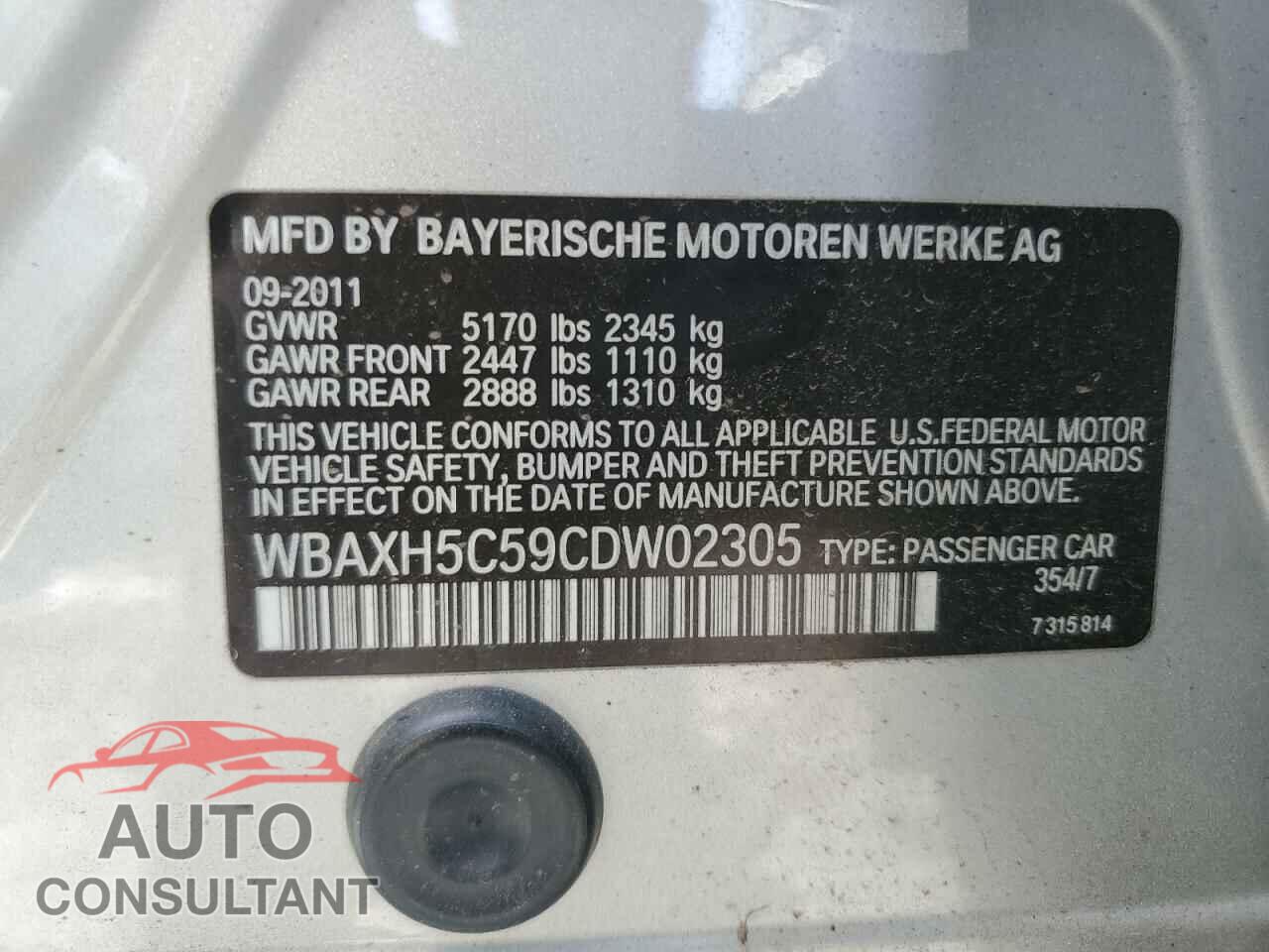 BMW 5 SERIES 2012 - WBAXH5C59CDW02305