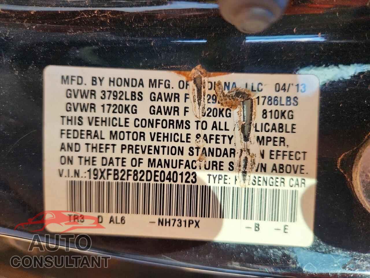 HONDA CIVIC 2013 - 19XFB2F82DE040123