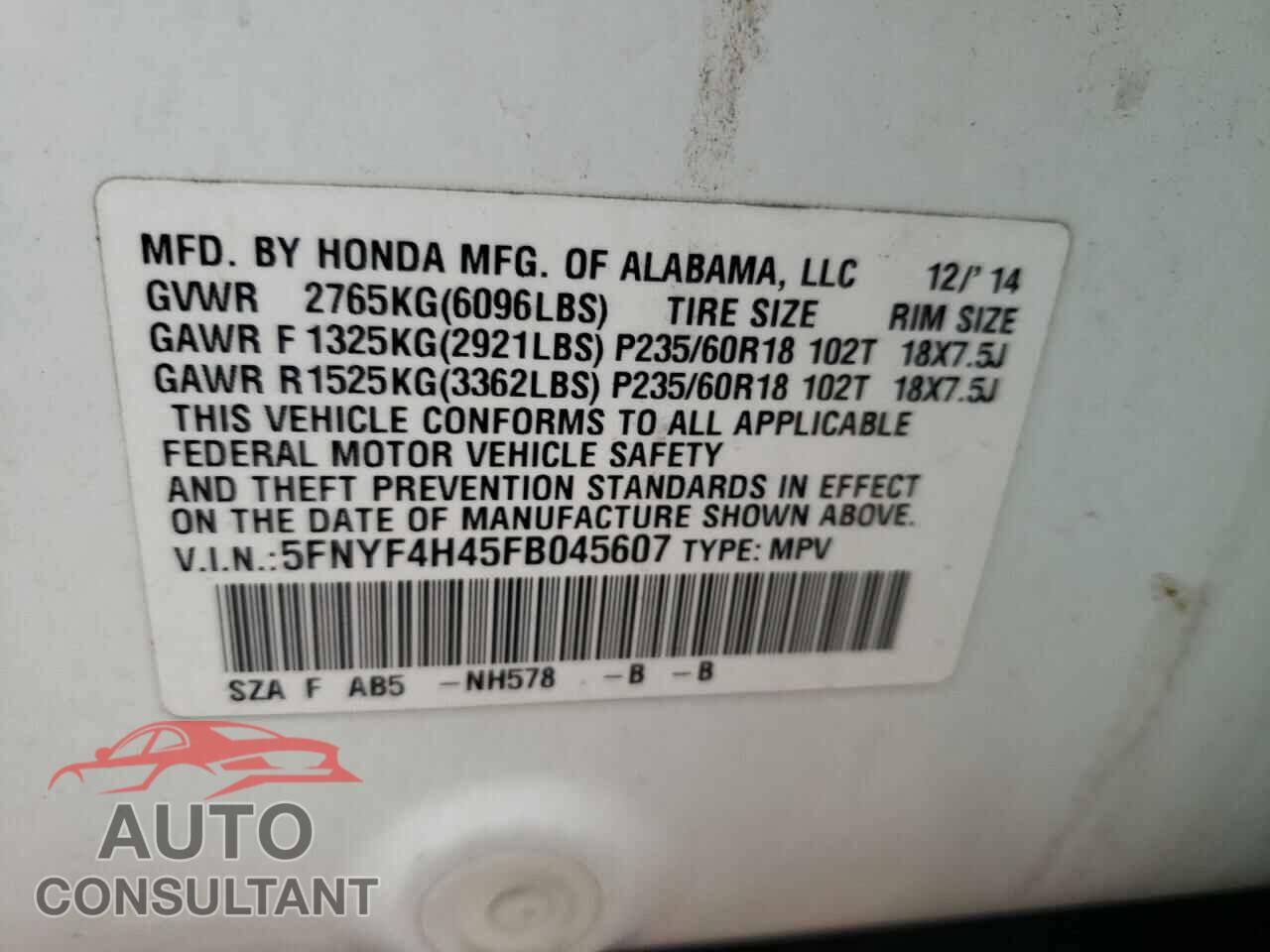 HONDA PILOT 2015 - 5FNYF4H45FB045607