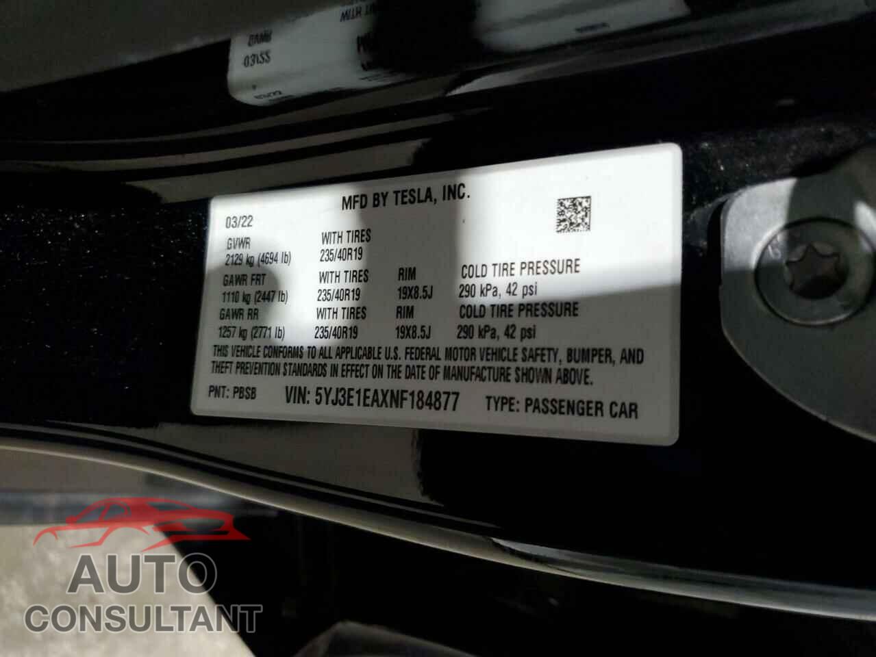TESLA MODEL 3 2022 - 5YJ3E1EAXNF184877