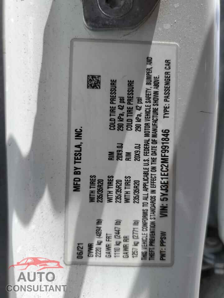 TESLA MODEL 3 2021 - 5YJ3E1EC2MF991846