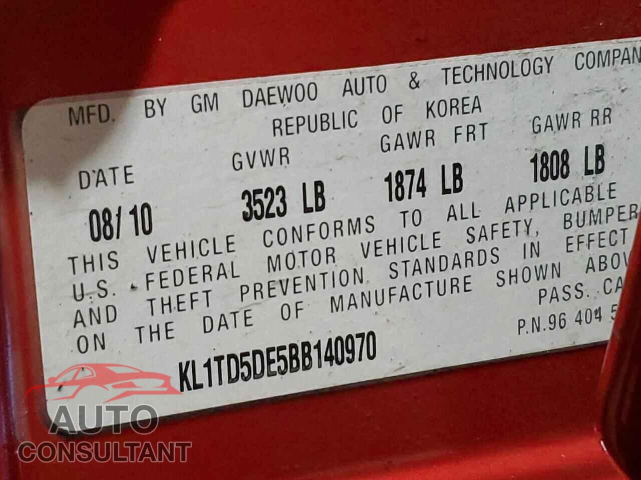 CHEVROLET AVEO 2011 - KL1TD5DE5BB140970