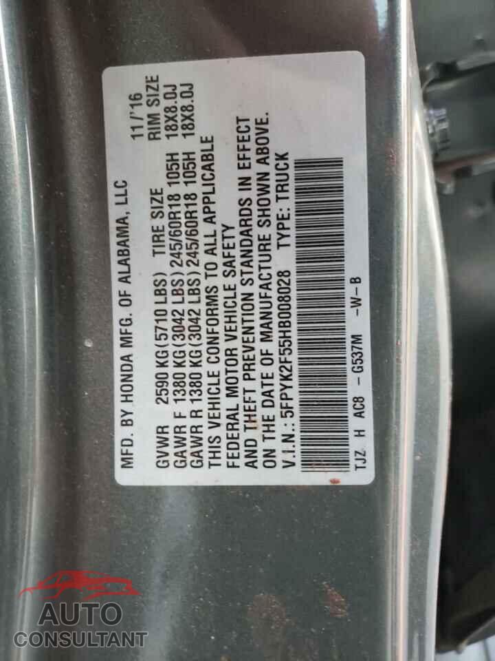 HONDA RIDGELINE 2017 - 5FPYK2F55HB008028