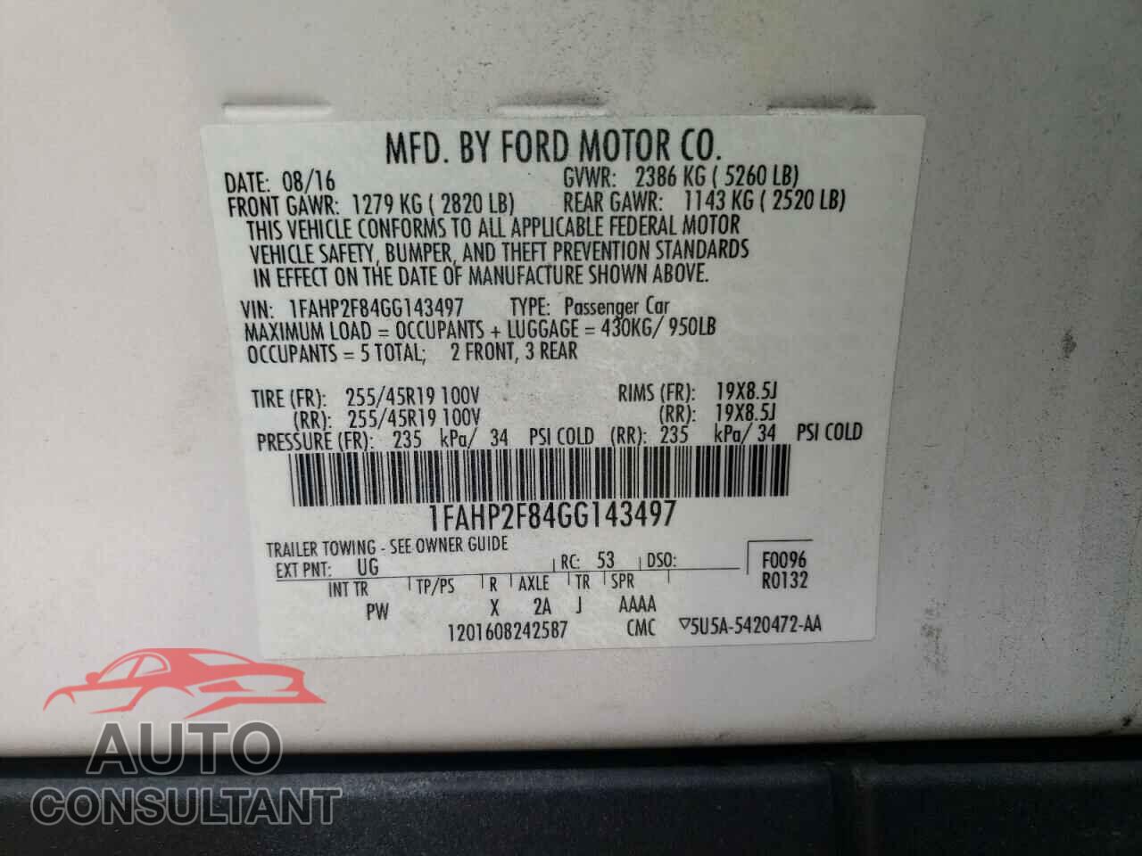 FORD TAURUS 2016 - 1FAHP2F84GG143497