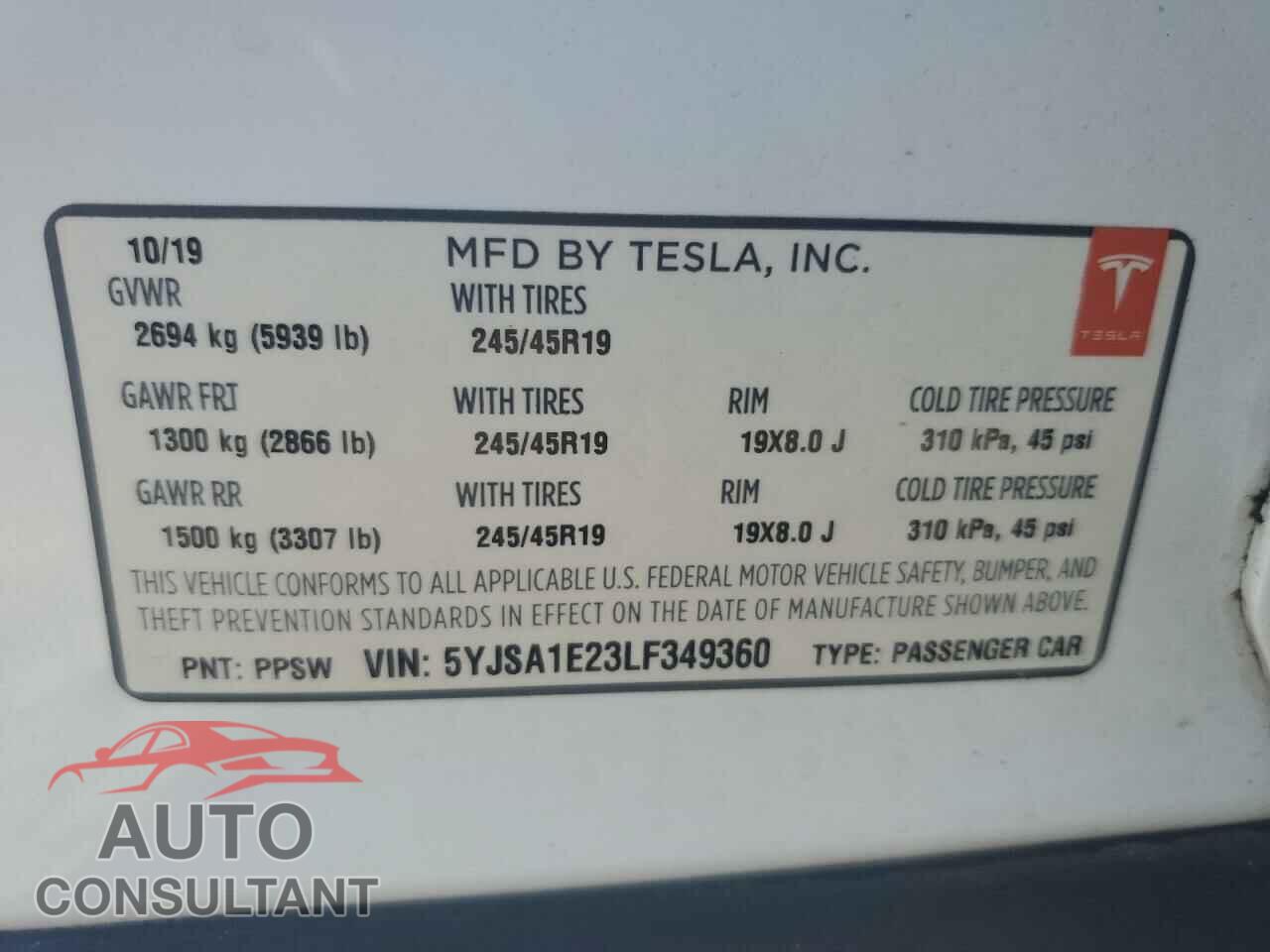 TESLA MODEL S 2020 - 5YJSA1E23LF349360