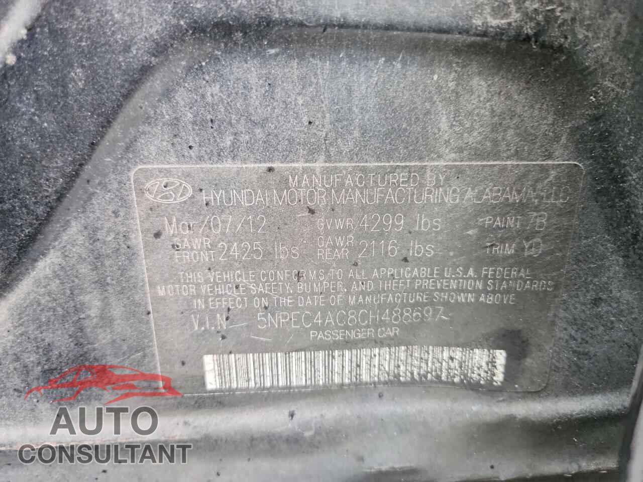 HYUNDAI SONATA 2012 - 5NPEC4AC8CH488697