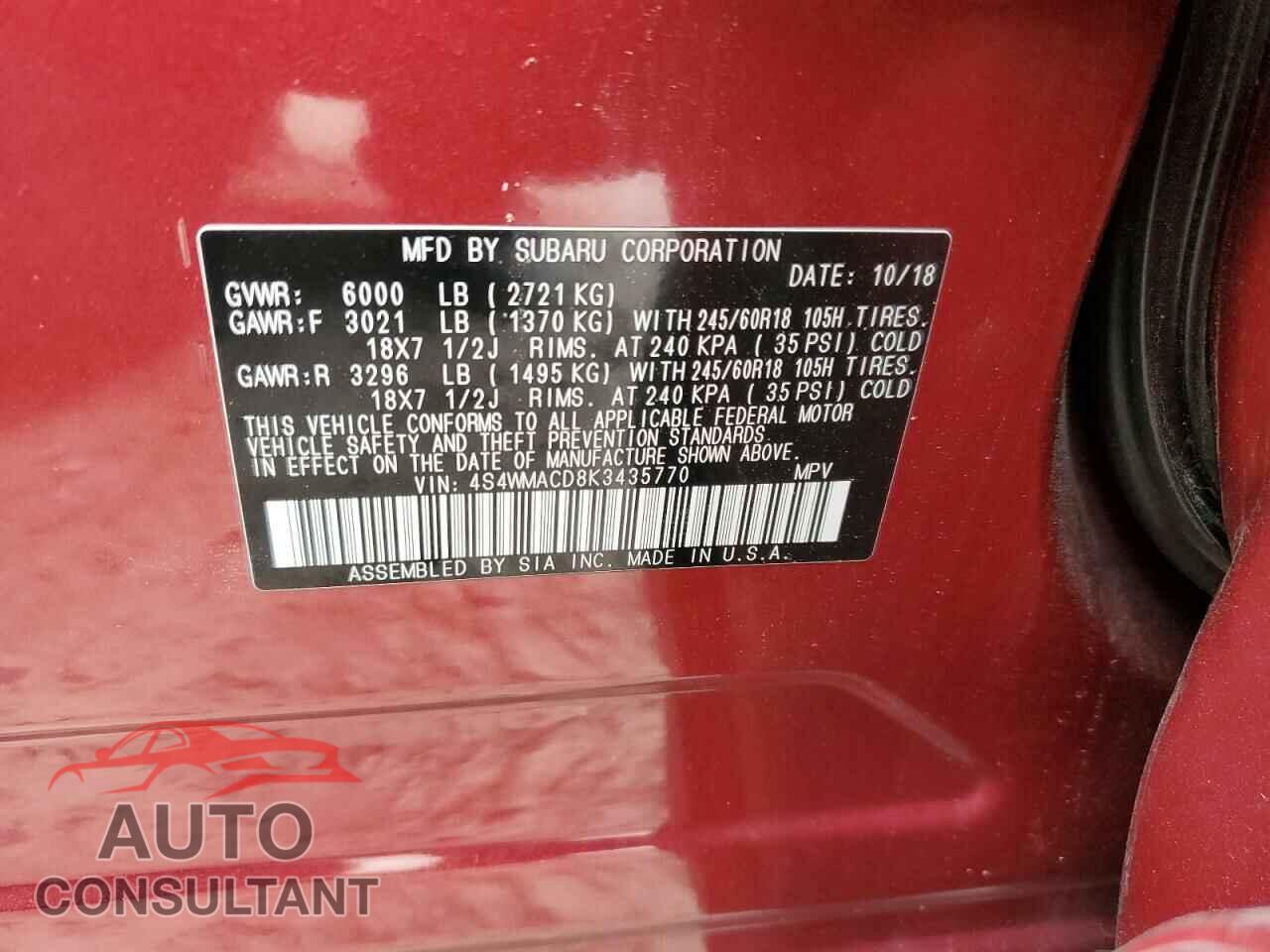 SUBARU ASCENT 2019 - 4S4WMACD8K3435770