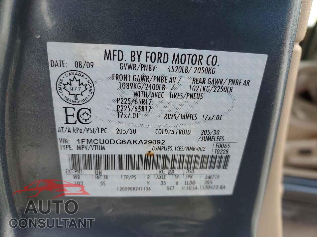 FORD ESCAPE 2010 - 1FMCU0DG6AKA29092