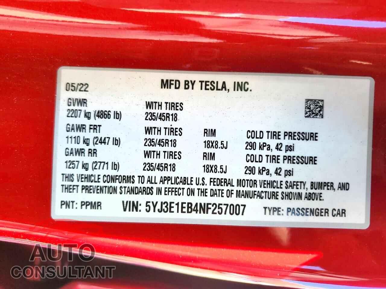 TESLA MODEL 3 2022 - 5YJ3E1EB4NF257007