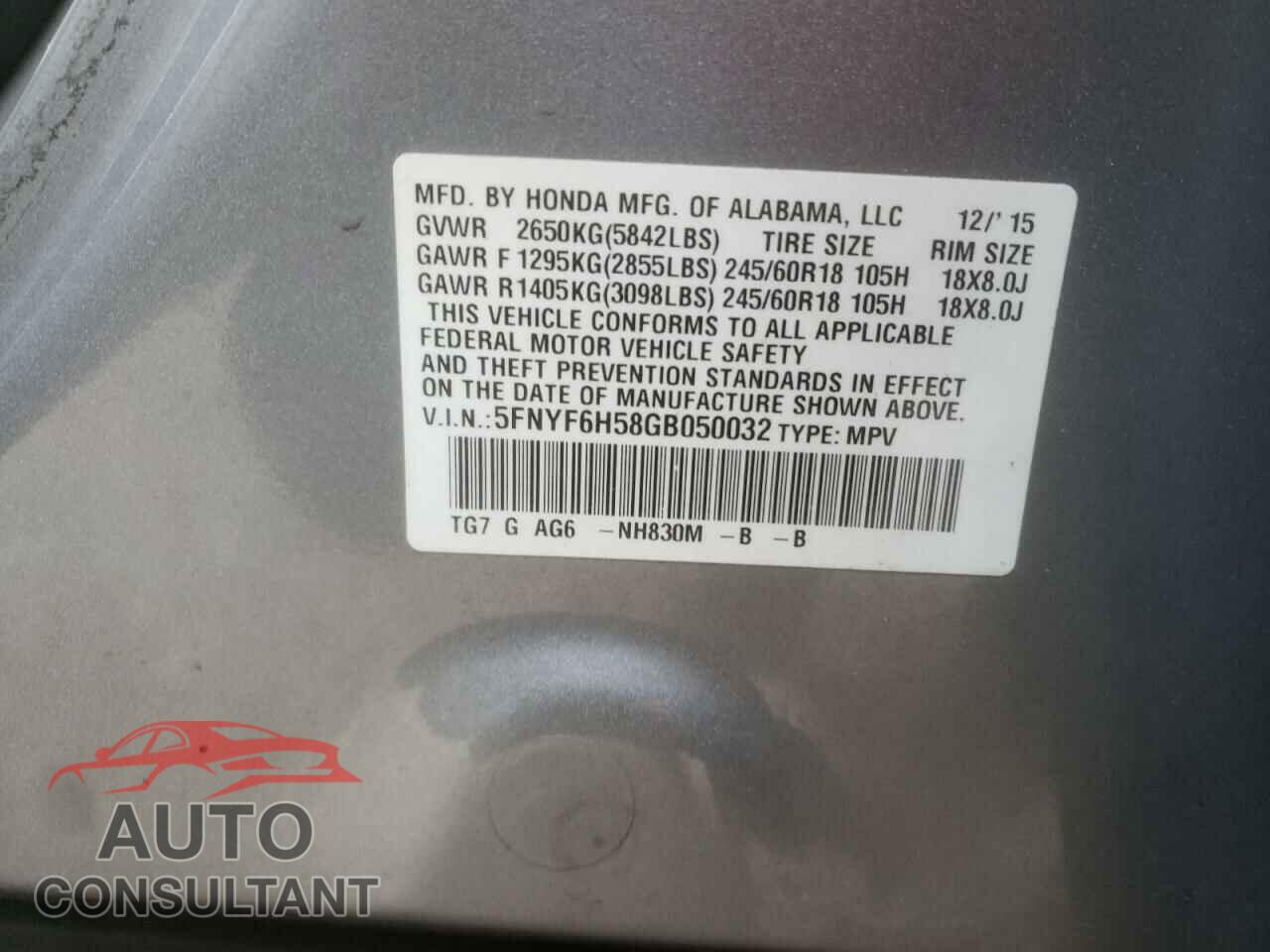HONDA PILOT 2016 - 5FNYF6H58GB050032