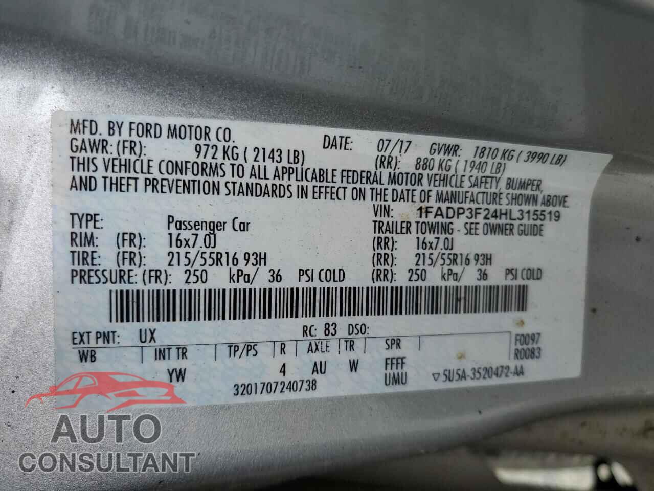 FORD FOCUS 2017 - 1FADP3F24HL315519