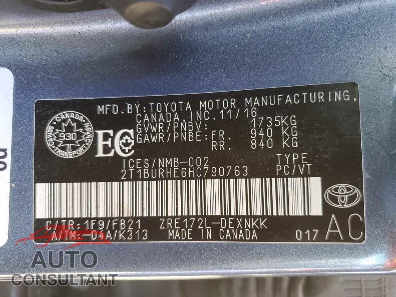 TOYOTA COROLLA 2017 - 2T1BURHE6HC790763
