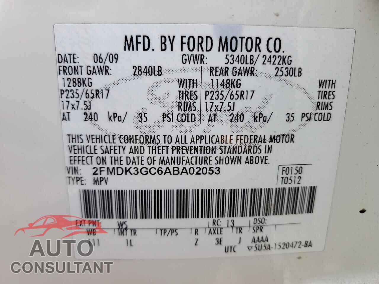 FORD EDGE 2010 - 2FMDK3GC6ABA02053