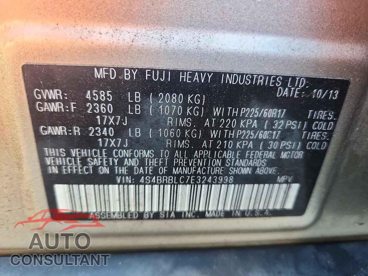 SUBARU OUTBACK 2014 - 4S4BRBLC7E3243998