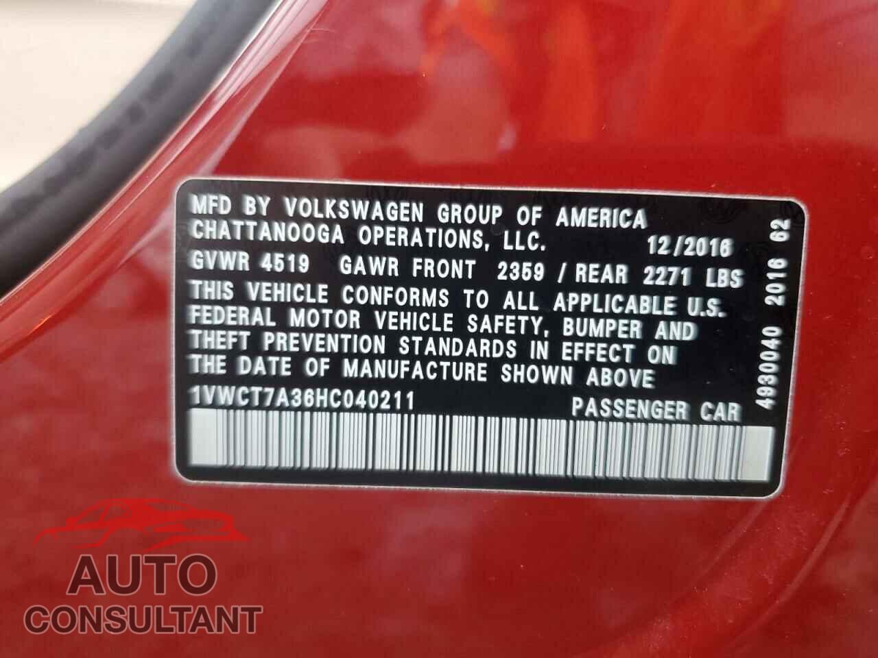 VOLKSWAGEN PASSAT 2017 - 1VWCT7A36HC040211