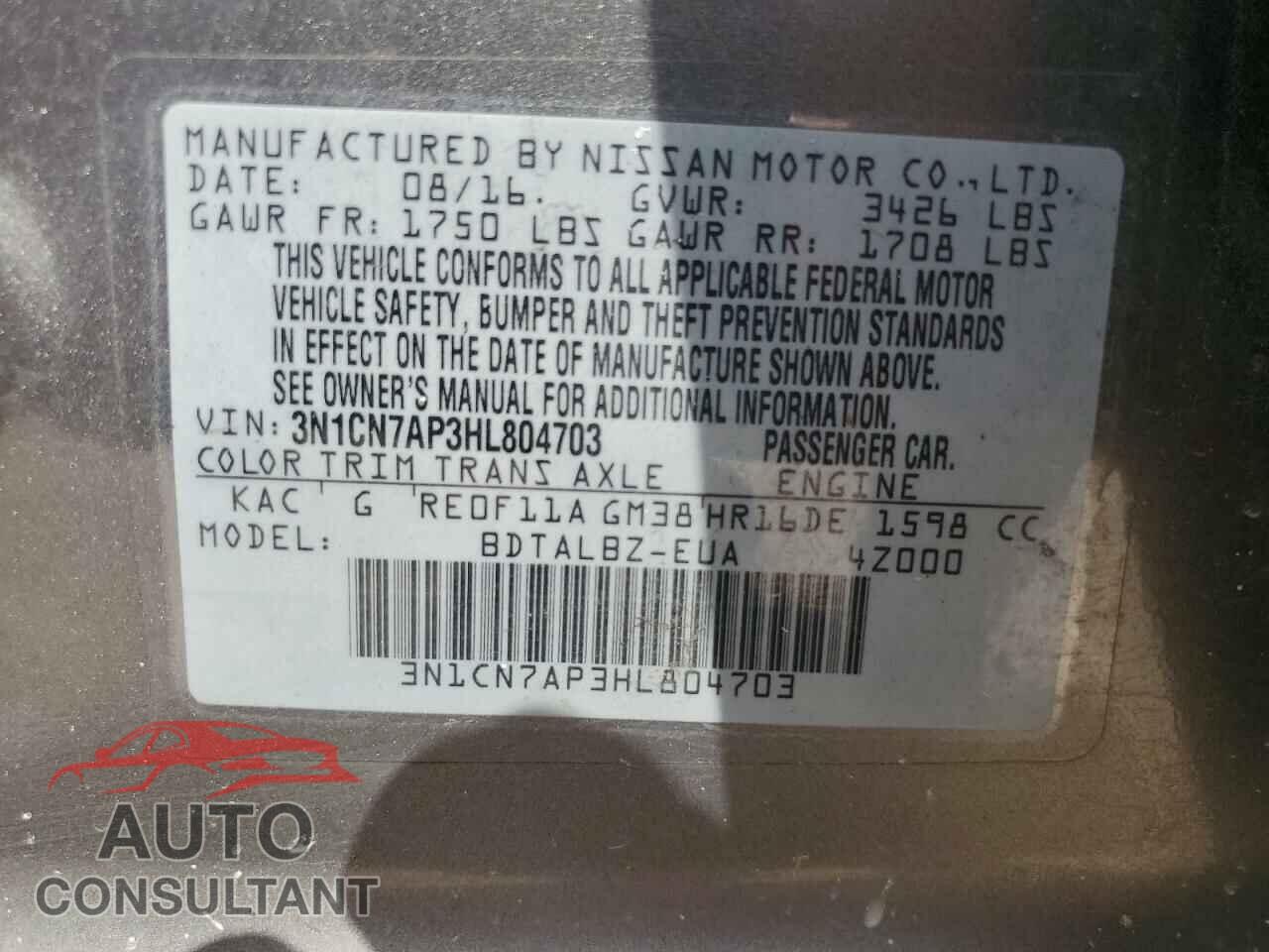 NISSAN VERSA 2017 - 3N1CN7AP3HL804703