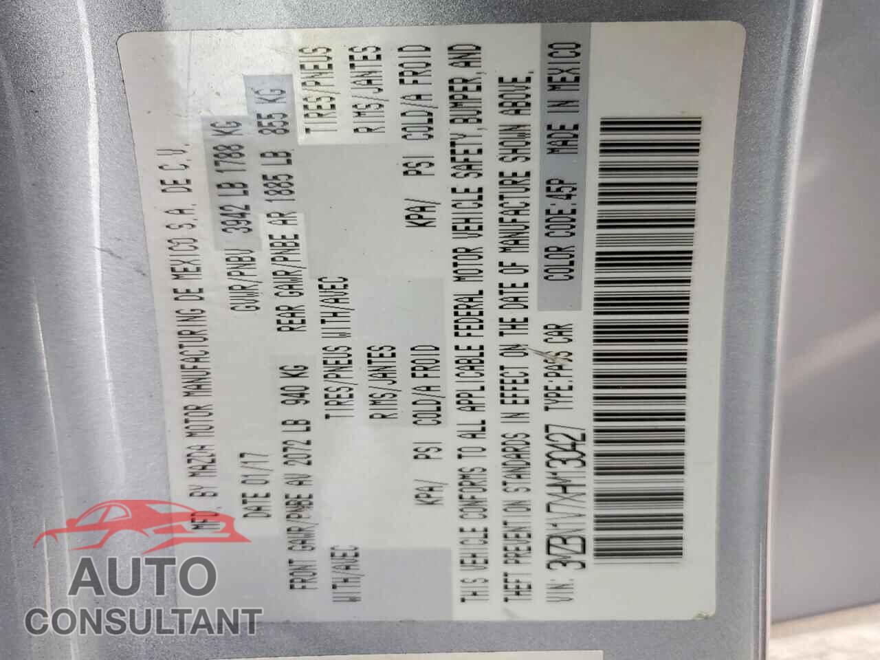 MAZDA 3 2017 - 3MZBN1V7XHM130427